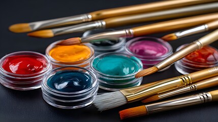 Obraz premium Assorted Paints and Brushes for Creative Art Projects on a Dark Background