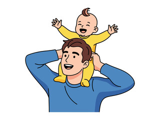 Father and Baby Joy: A tender illustration shows a happy baby riding on his father's shoulders, celebrating the joyful bond and heartwarming moments of a father-child relationship.