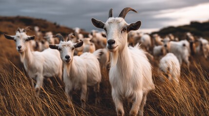 Obraz premium White Goats Herd Standing in Tall Grass on Open Landscape Under Cloudy Sky