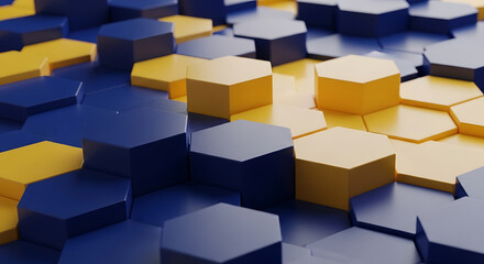 A geometric background with blue and yellow hexagons creates a modern and abstract pattern for design projects