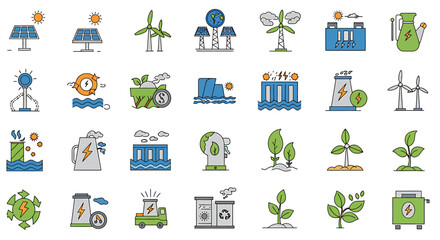 Obraz premium Illustrative icons of renewable energy sources including solar panels, wind turbines, and water energy