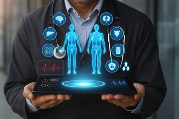 A medical professional displays a digital tablet showcasing holographic representations of the human anatomy and associated healthcare elements.