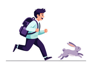 Running with Rabbit : A vibrant illustration of a young boy's playful chase after a nimble bunny, the energetic scene is filled with joyful movement and whimsy.