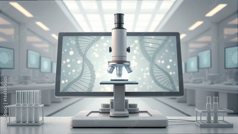 Poster advanced microscope and digital screen with gene editing visualization