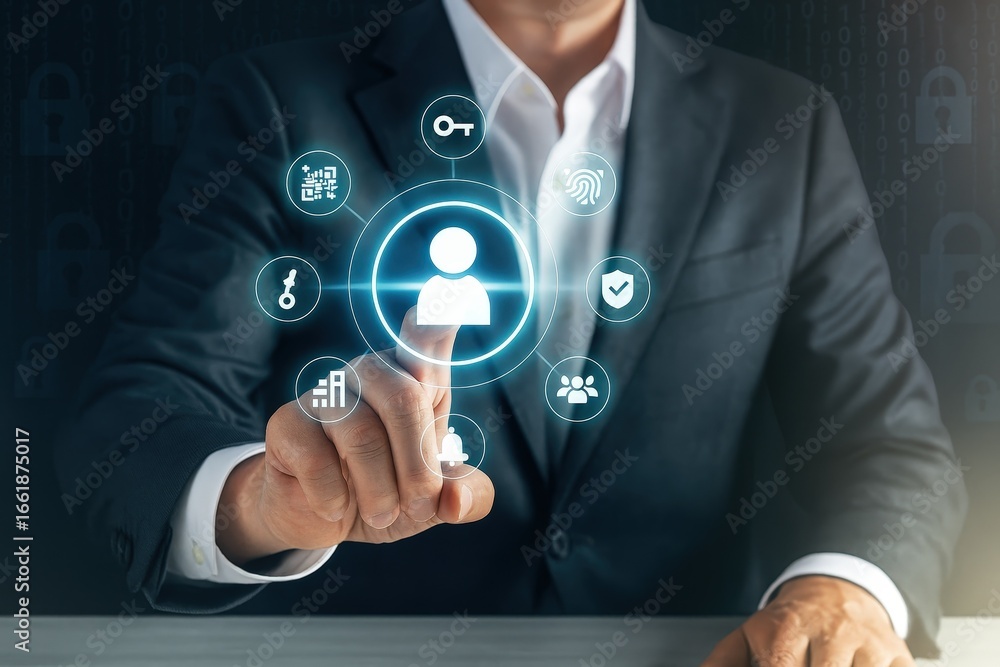 Poster a person in a suit interacts with a digital interface, highlighting user profile and security featur