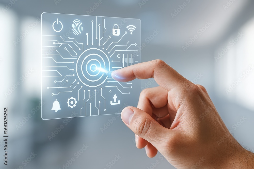 Poster a hand interacts with a transparent digital interface displaying complex circuit and icon graphics, 