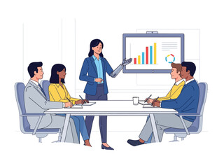 Business Presentation: A confident executive woman delivers an engaging presentation to her team, showcasing data visuals in a collaborative office setting.