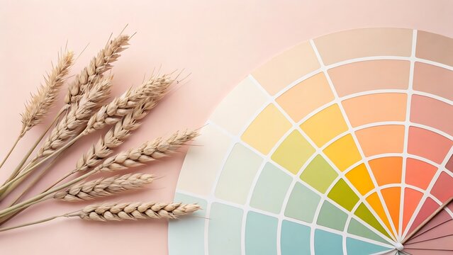 Natural wheat stalks next to a colorful paint swatch fan