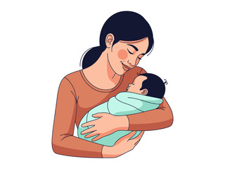 Mother's Embrace: Tender moment between a mother and her newborn baby, with soft colors and lines suggesting comfort and serenity.