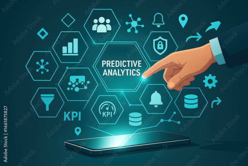 Poster a hand points to predictive analytics displayed on a glowing smartphone screen, surrounded by variou