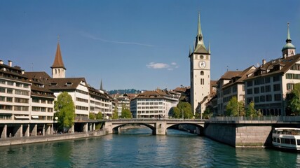 Fototapeta premium Sunlit Zurich Old Town: St. Peter's Clock Tower and Bridge over the Limmat River