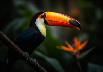 Fototapeta premium Close-up of a toucan with a colorful beak perched on a branch in a jungle