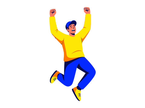 Joyful Leap of Success: A cartoon illustration captures a man in mid-air, arms raised in a triumphant gesture, symbolizing exhilaration and achieving.