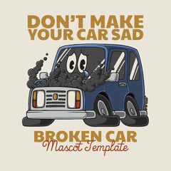 retro cartoon car mascot looking sad and broken