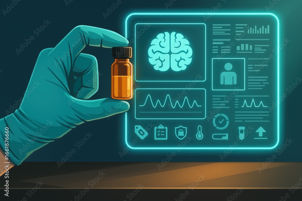 Aufkleber a gloved hand holds a small amber vial against a glowing digital display showing brain data and medi