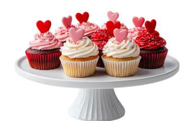 Adorable cupcakes decorated with heart shaped toppers highlighting affection charm happiness and cultural spirit of Valentine holiday treats isolated on transparent background PNG