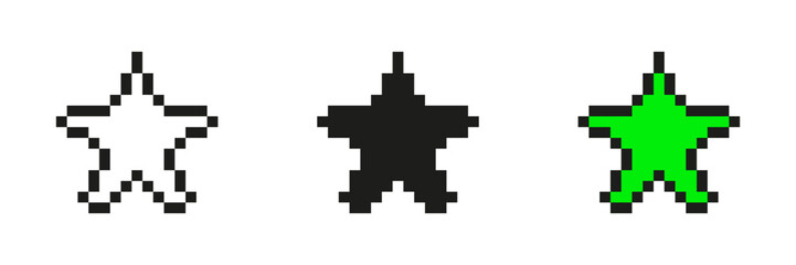 Pixel Art Star Icons Set. Retro Gaming Style Star Symbols Collection. Black, White, And Green Pixelated Stars For Game Design And Digital Art Projects. Isolated Vector Illustration