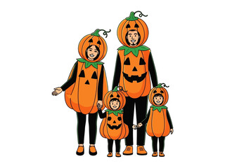 Fototapeta premium Pumpkin-themed Family: A cheerful family dressed in vibrant pumpkin costumes stands side-by-side in a cheerful illustration, capturing the essence of Halloween and togetherness.