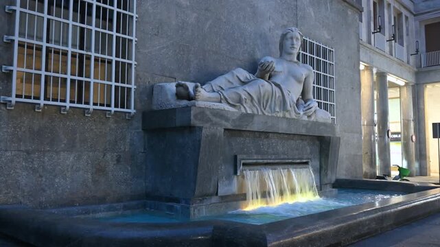 Turin, Piedmont, Italy. November 20, 2024. In Piazza CLN, the fountain symbolizing the Dora River with a female figure. Iconic places of the city, travel destinations.
