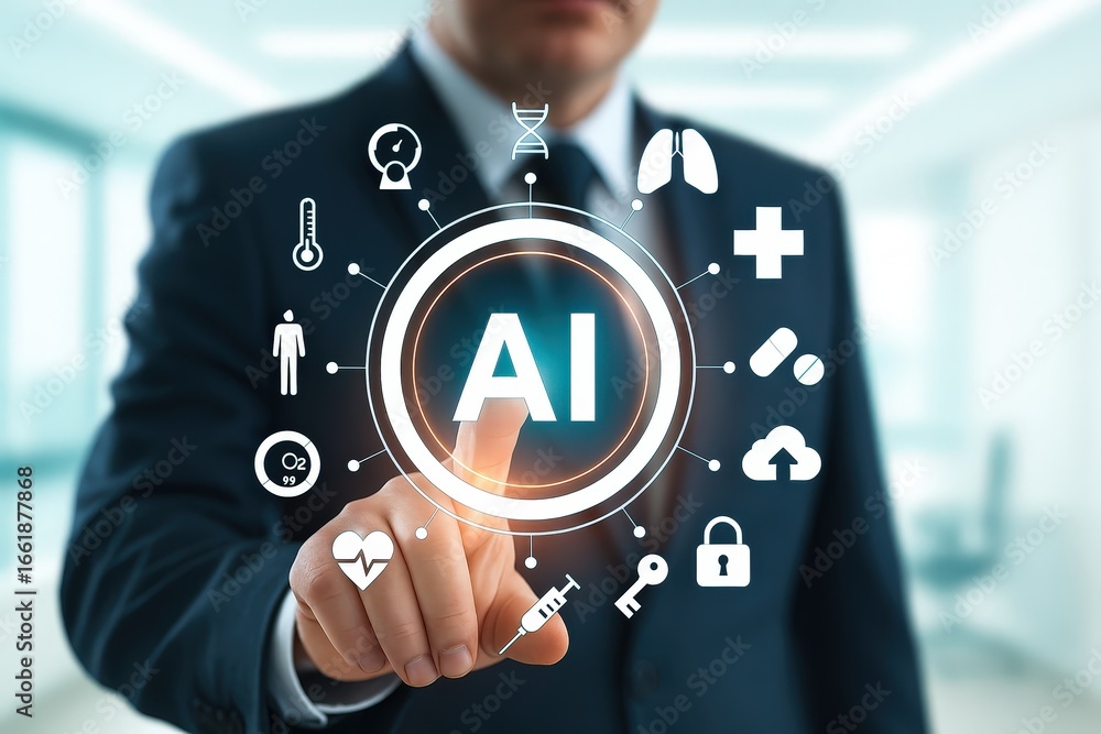 Poster a person interacts with a digital interface showcasing the concept of artificial intelligence in hea