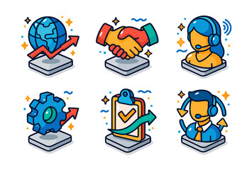 Fototapeta premium Colorful icons representing business growth, partnership, customer service, and efficiency