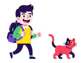 Boy and cat: A vibrant illustration capturing the essence of companionship, as a young boy strides confidently alongside his playful feline friend, both set against a clean, simple backdrop.