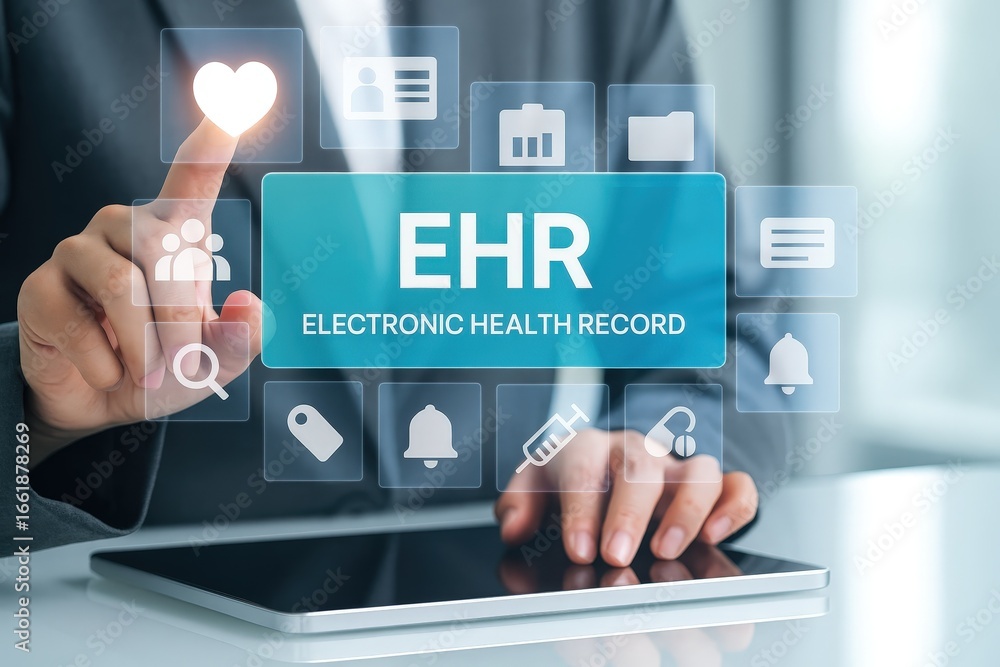 Poster A person interacts with a digital interface displaying an electronic health record system.