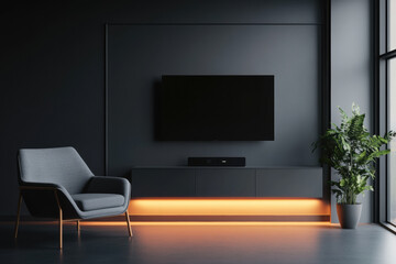 Stylish living room with a large blank screen tv mounted on a dark wall, a comfortable armchair, and a potted plant, creating a cozy and modern atmosphere