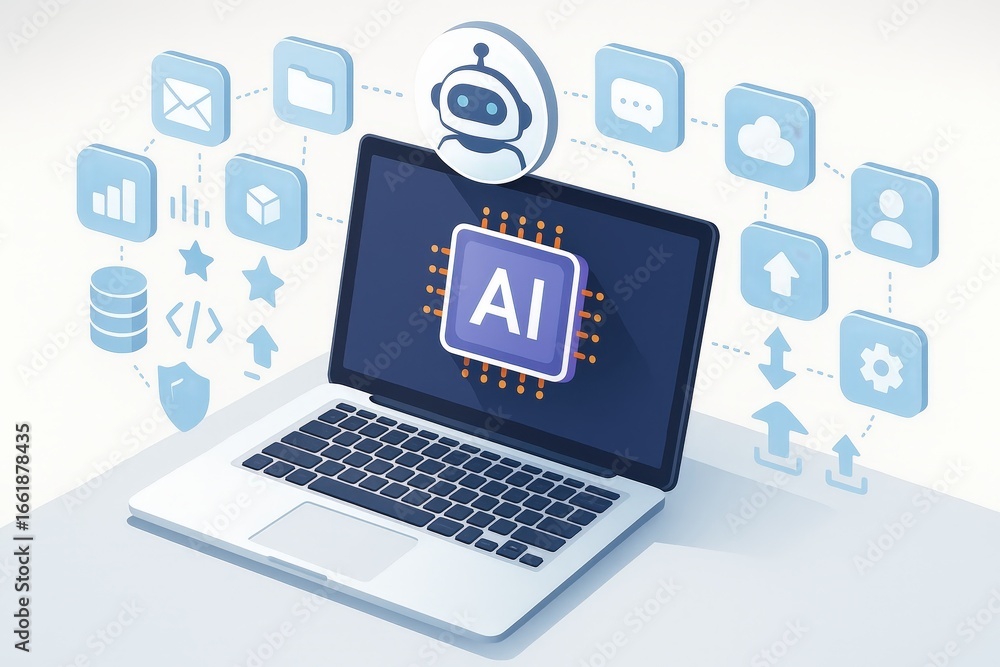 Poster a laptop computer display showcases the concept of artificial intelligence, connected to a network o