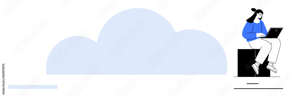 Poster woman sitting on a cube working on a laptop beside a large soft cloud. ideal for cloud computing, te
