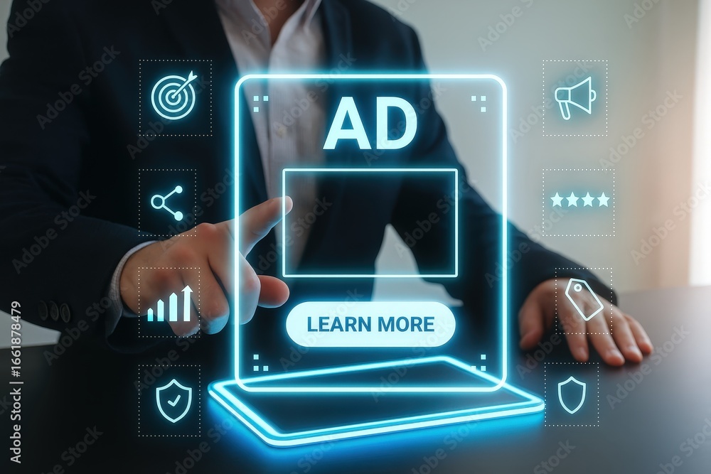 Poster a person interacts with a glowing, digital advertisement interface, highlighting the learn more butt