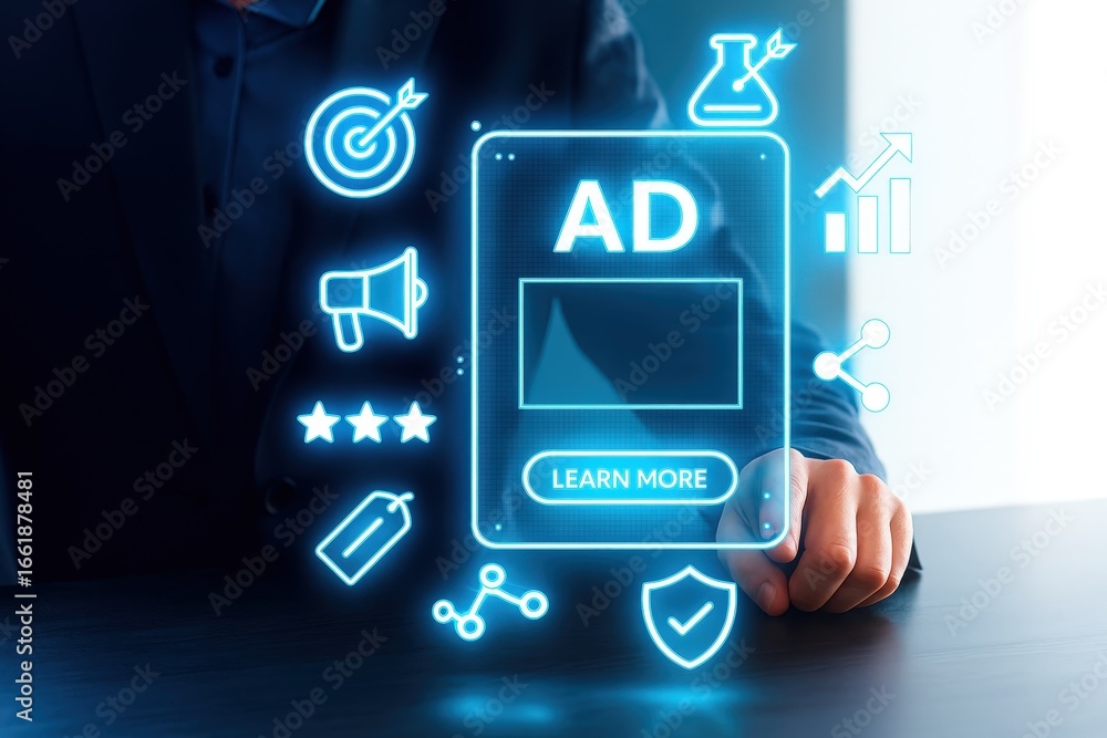Poster a digital advertisement interface, showcasing marketing elements like targetting, feedback, and enga