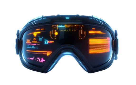 Cyberpunk style smart visor with neon interface showcasing futuristic technology digital innovation and symbolic vision of advanced virtual reality isolated on transparent background PNG