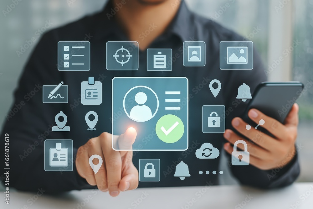 Poster A person interacts with a digital interface displaying various application icons, including profiles, documents, and security elements, highlighting modern technology and user experience.