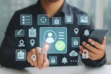 A person interacts with a digital interface displaying various application icons, including profiles, documents, and security elements, highlighting modern technology and user experience.