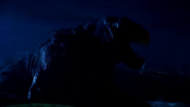 Large monster silhouette roaring in dark night scene. Horror creature with sharp teeth, scary fictional beast for fantasy film footage.