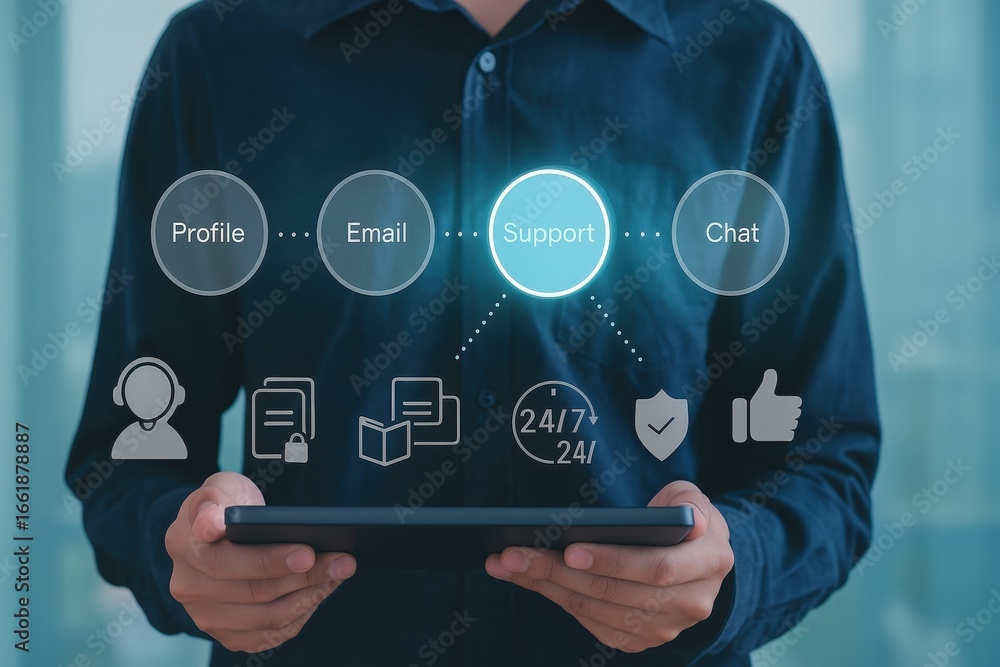 Aufkleber a person holds a tablet displaying a graphic interface for multiple customer support options, includ