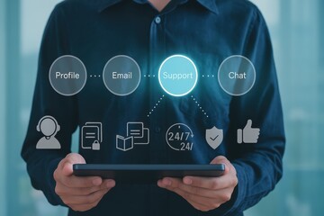 A person holds a tablet displaying a graphic interface for multiple customer support options, including profile, email, support, and chat, with 24/7 availability indicated.
