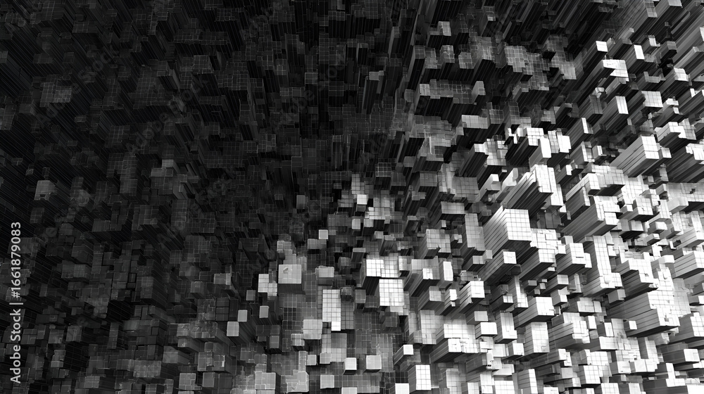 Poster ascending grayscale cubic structures densely packed transitioning from dark to light in perspective