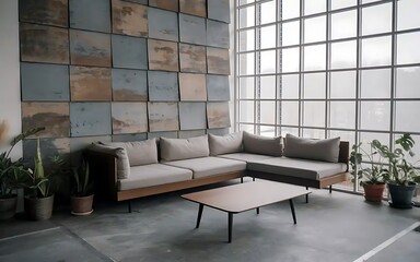 Corner sofa against a grid window near a grunge stone panel wall. Interior design of modern living room.