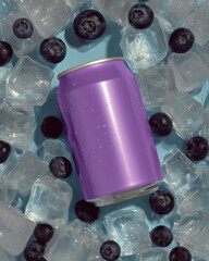 A purple soda can lies on a blue table with ice cubes and blueberries. Refreshing blueberry drink combinations.
