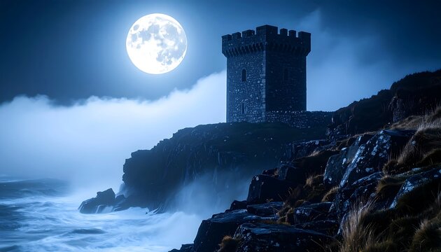 Tower on Cliff Under Moonlit Sky with Crashing Waves at Night