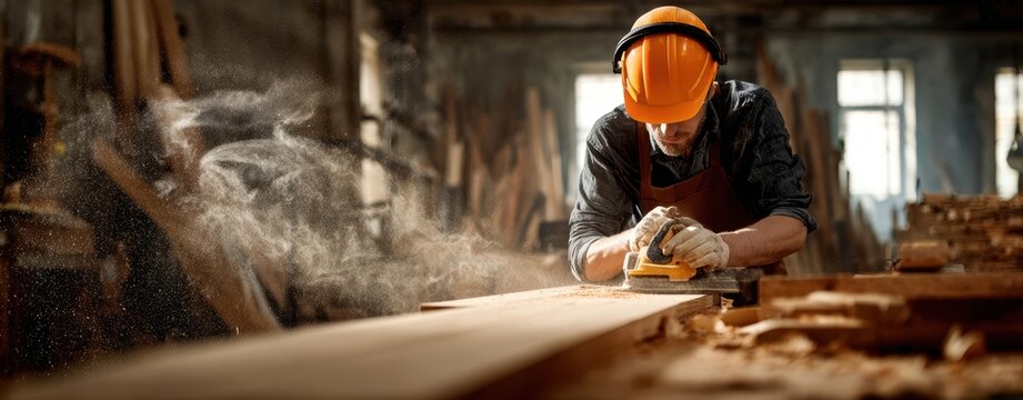 The carpenter using a power tool to sand wood in a vintage workshop