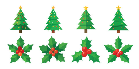 Christmas Trees and Holly Berries Vector Illustration for Holiday Designs