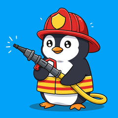 Fototapeta premium Cartoon penguin dressed as a firefighter, holding a hose, set against a bright blue background