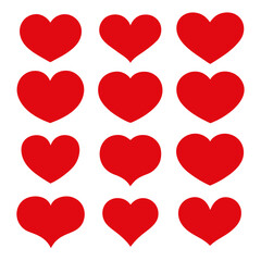 Collection of various red heart shapes on a white background