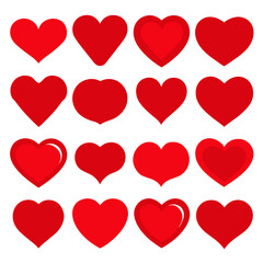 Collection of various red heart shapes on a white background