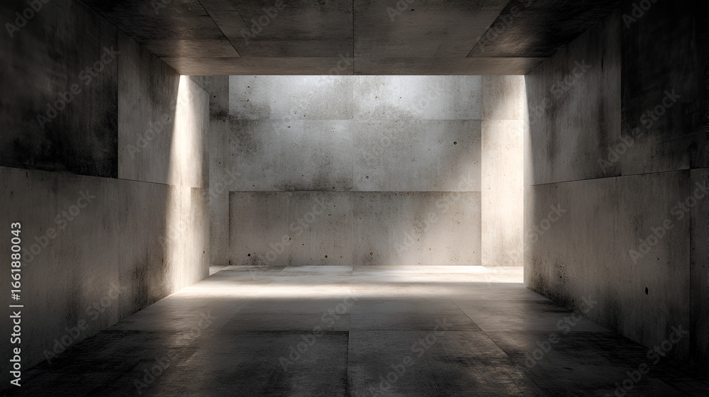 Poster concrete room light streaming through openings dark shadows create a stark geometric scene