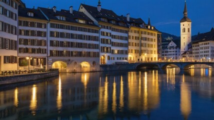 Twilight Serenity: Golden Lights of Lucerne's Old Town Reflecting on the River Reuss.