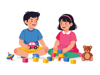 Kids' Playtime: In a vibrant scene, two children immerse themselves in playful activities, building with colorful blocks and exploring toys, evoking innocence and imagination. 